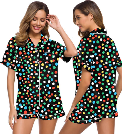 SWOMOG Womens Silk Satin Pajamas Set Short Sleeve Sleepwear Button Down Top and Shorts Loungewear 2 Piece Pjs Set XS-3XL