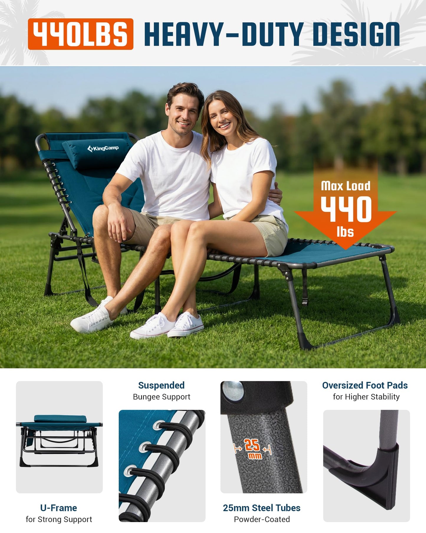 KingCamp Oversized Tanning Chair, Extra-Wide Padded Folding Chase Lounge Chairs Portable Adjustable 5-Position 440lbs Heavy Duty Lounger with Double-Layer Oxford for Outdoor Beach Patio Sun Pool Blue