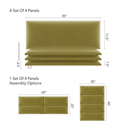 Vänt Upholstered Wall Panels - Queen/Full Size Wall Mounted Velvet Headboards - Velvet Olive Moss - Set of 4 Panels (Each Individual Panel 30"x11.5")