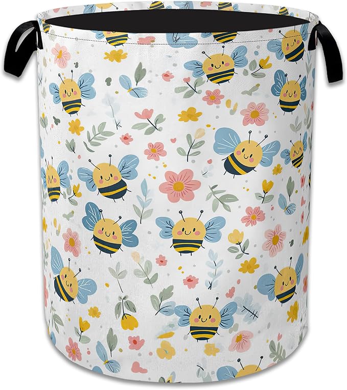 Cute Bee Laundry Basket, Foldable Oxford Cloth Pink Flowers Laundry Hamper