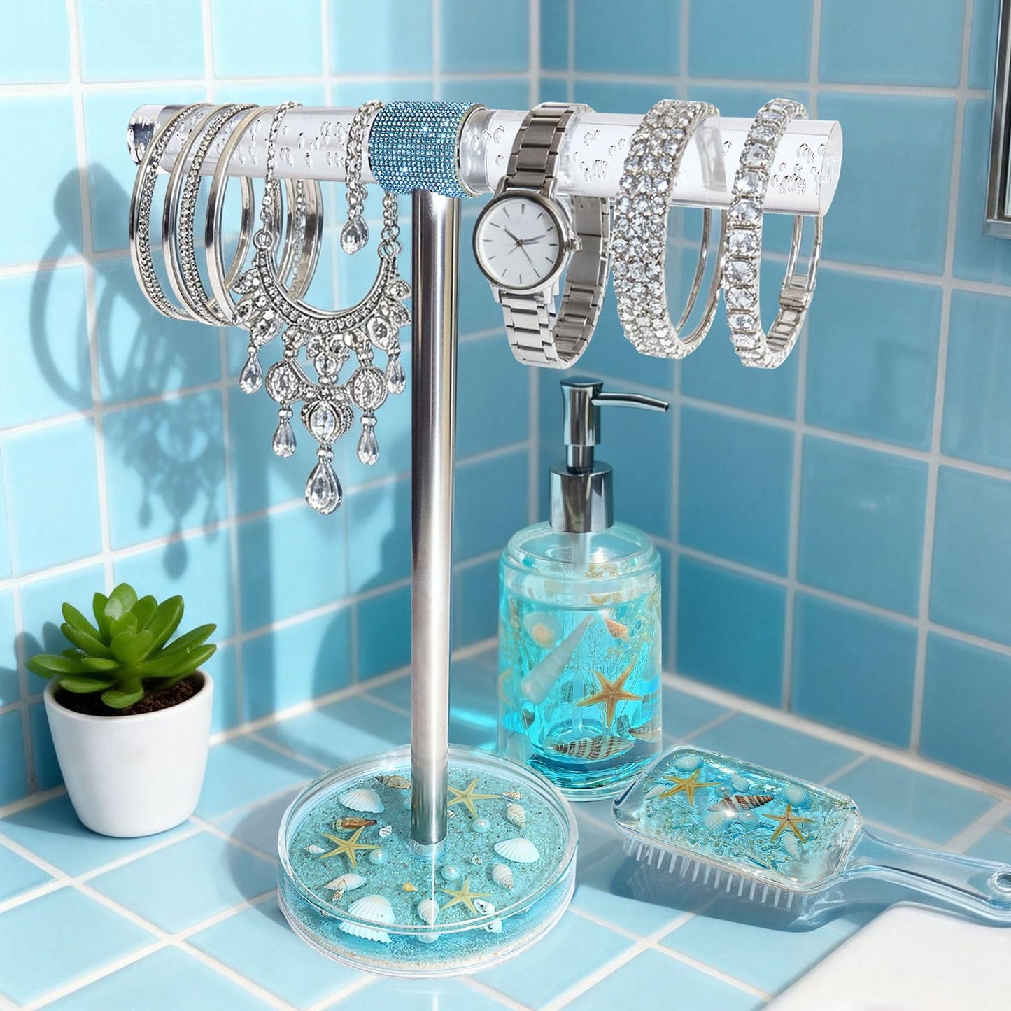 FONMY Jewelry Organizer Countertop Acrylic w/Nature Seashell Handmade,Seascape Standing Jewelry Holder W/Blue crystal for Bedroom Bathroom w/Weighted Base,Unique Gifts