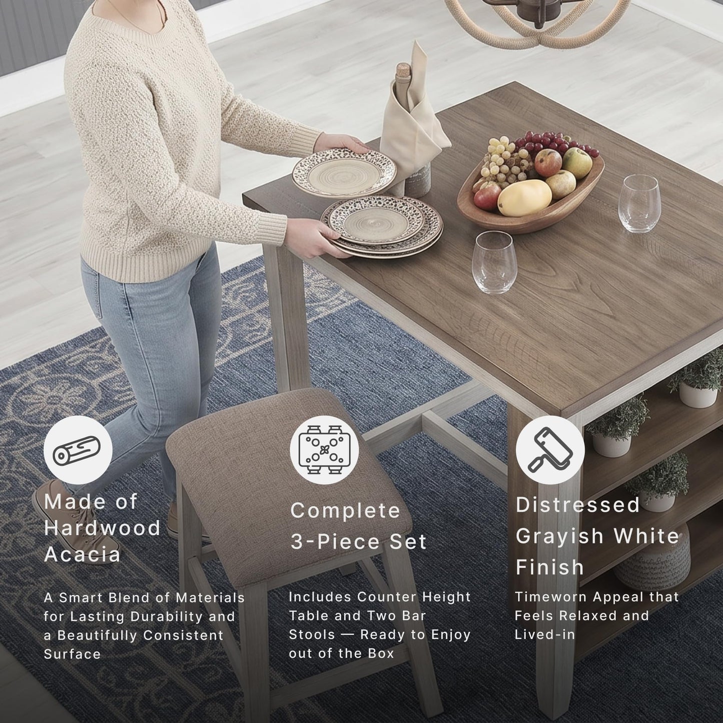Signature Design by Ashley Skempton 3 Piece Counter Height Dining Table and Bar Stools Set, Built-in Storage, Wood, Acacia Veneer and Engineered Wood, Small Kitchen Table, White/Light Brown