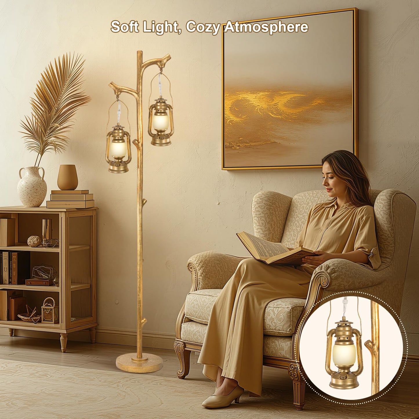 Scenekoy 68” Tall Floor Lamp with Lanterns, Gold Standing Lamp Tree Trunk Finish, Dimmable Resin Corner Lamp Stand Up Light with Bulb Prefer for Modern Living Room Bedroom Home Decor (Bulbs Included)