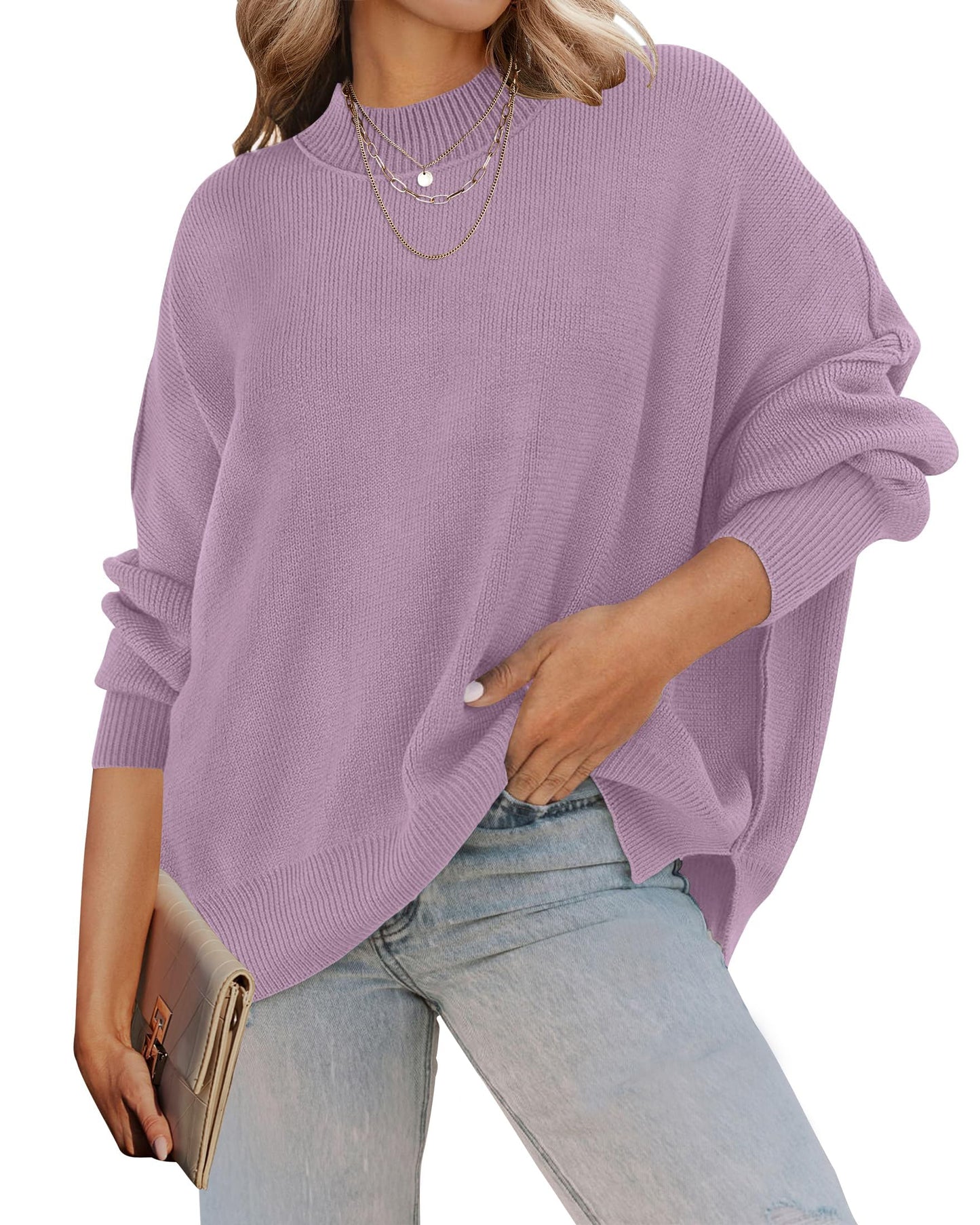 ZESICA Women's Fall 2025 Casual Long Sleeve Crew Neck Side Slit Oversized Ribbed Knit Pullover Sweater Tops