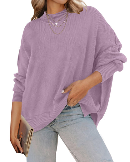 ZESICA Women's Fall 2025 Casual Long Sleeve Crew Neck Side Slit Oversized Ribbed Knit Pullover Sweater Tops