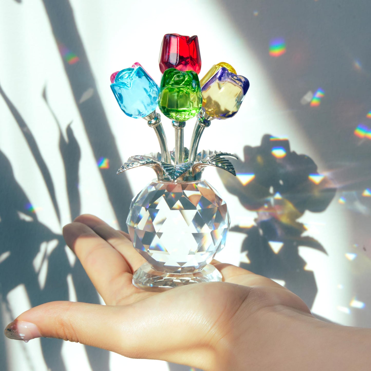 KRISININE Crystal Colorful Rose Flower Collectible Figurine Glass Flowers with Vase Romantic Gifts for Wife Mom Women(2.8 * 4.7in)