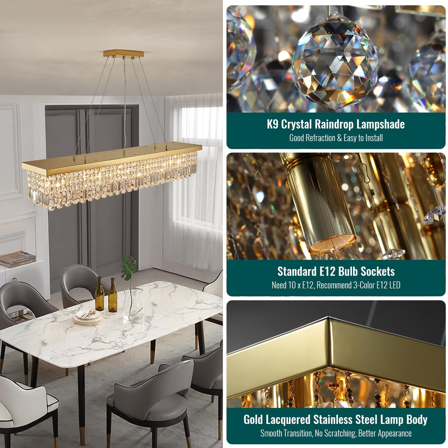 Siljoy Rectangular Gold Crystal Chandelier for Dining Room, 10-Light Modern Rectangle K9 Crystal Raindrop Chandelier, Luxury Dimmable Crystal Ceiling Light for Living Room Kitchen Island L47''