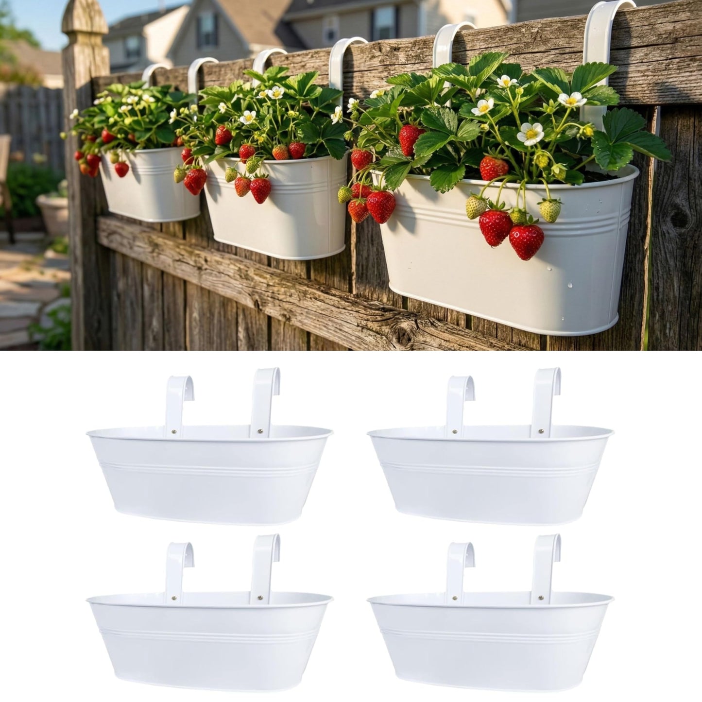 LaLaGreen Outdoor Plants Rail Planter (4 Pack, 16 Inch) White Metal Iron Hanging Flower Pots Deck Railings Fence Buckets Modern Boho Style Wall Mount Window Boxes Plant Holder Hooks Porch Home Decor