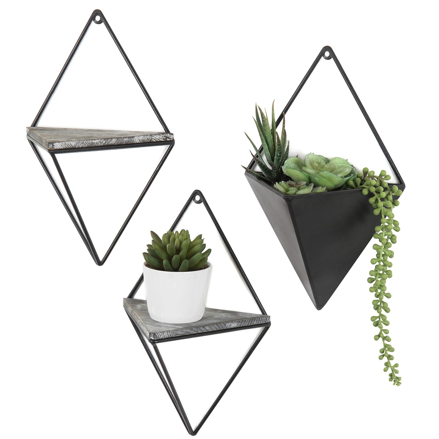 MyGift Indoor Wall Planter and Wooden Wall Display Shelves with Black Metal Frames Metal, 3-Piece Set