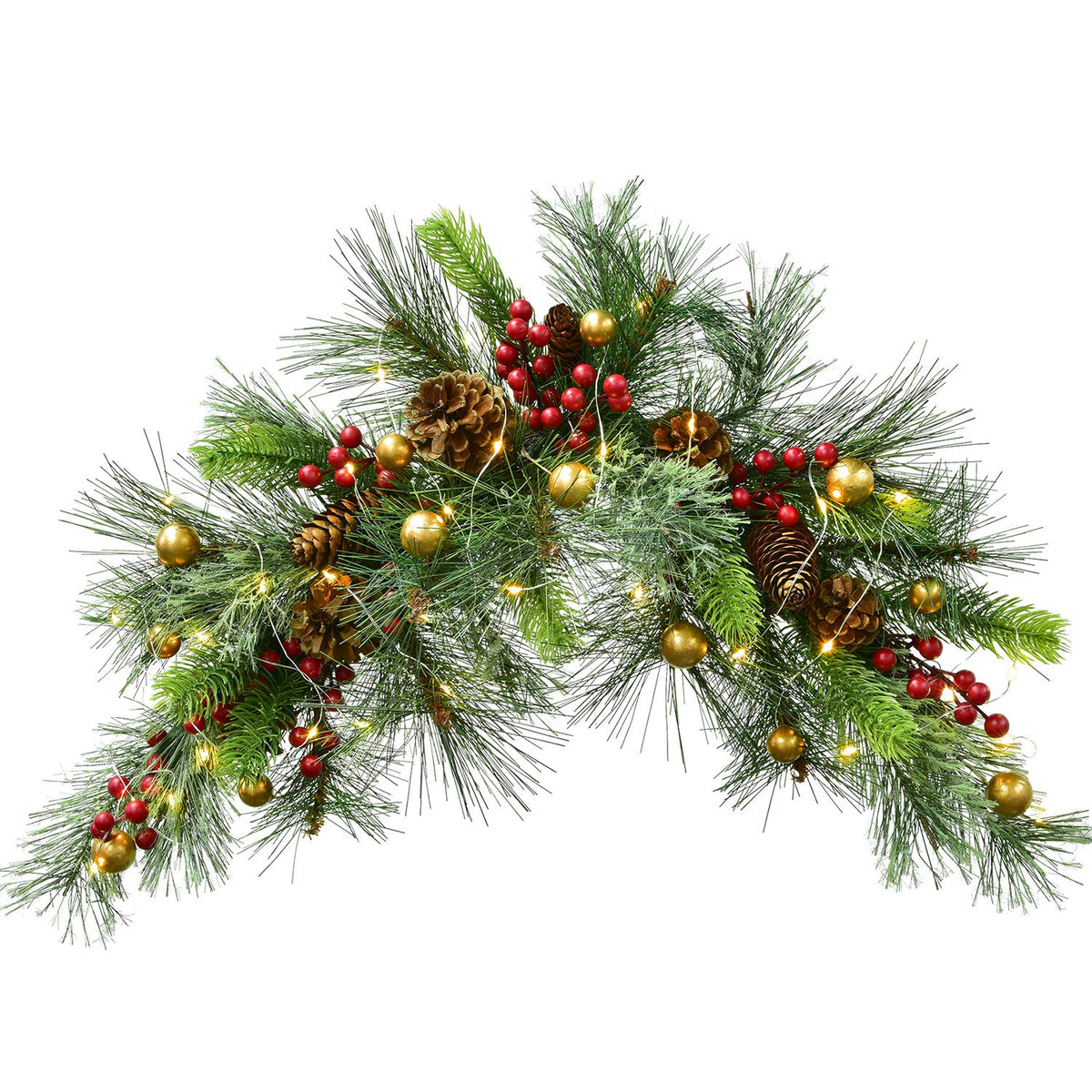 DearHouse 24inch Artificial Christmas Swag, Xmas Mail Box Swag with Wintry Pine Collection and LED Lights for Christmas Holiday Home Decor