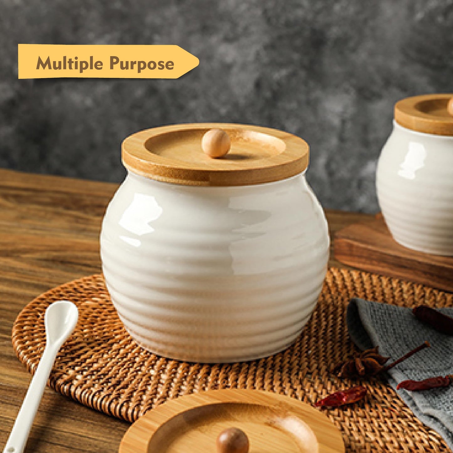 MOLADRI Ceramic Sugar Bowl with Bamboo Lid and Spoon, 11 Oz White Porcelain Sugar Salt Container Holder, Cute Farmhouse Condiment Pot for Creamer, Spice, Sugar Cube, Ghee, Coffee Bar, Countertop