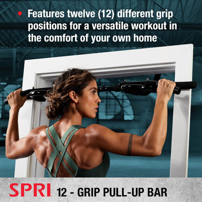 SPRI Pull Up Bar - 12-Grip Door Mounting Pull-Up Bar for Versatile Workouts - Rugged Steel with Foam Handles - Supports 300 Pounds - Fits Door Frames Up to 32 in. Wide - Black