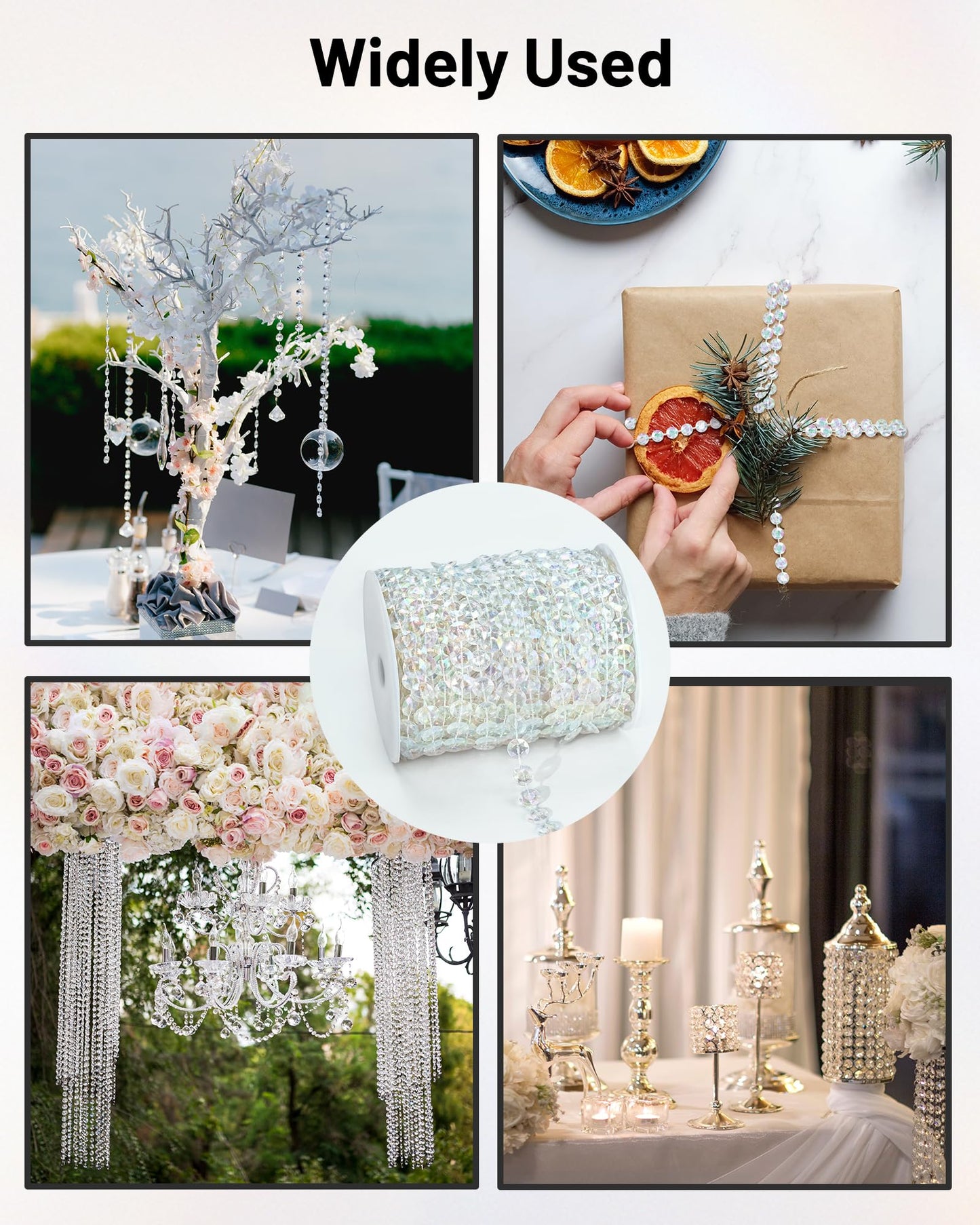 99FT Acrylic Crystal Garland, Clear Diamond-Shaped Crystal Bead Strands, DIY Crystal Beads String Roll for Christmas Tree Wedding Decorations Party Decorations Beaded Curtain Crafting Projects