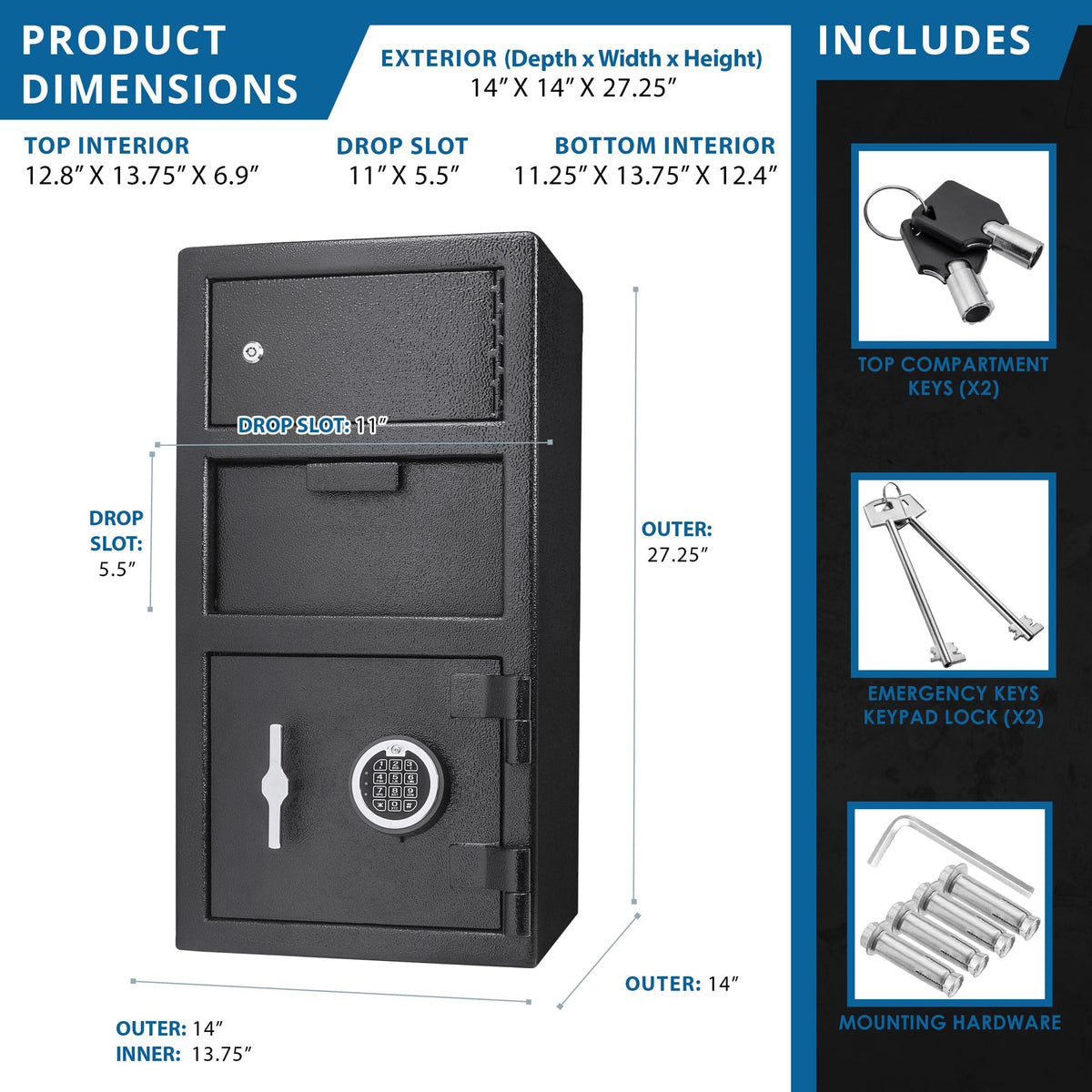 Barska Advanced Digital Keypad Compact Depository Drop Safe with Master Code + 5 Codes & Dual User Mode, Black, 0.72/0.78 Cubic Ft