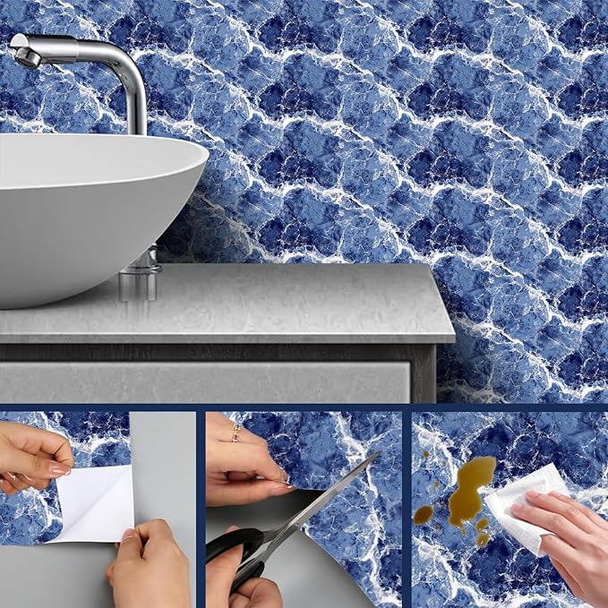 HOMETITUTE Blue Marble Wallpaper Peel and Stick Ocean Wave Pattern 118.1x17.7