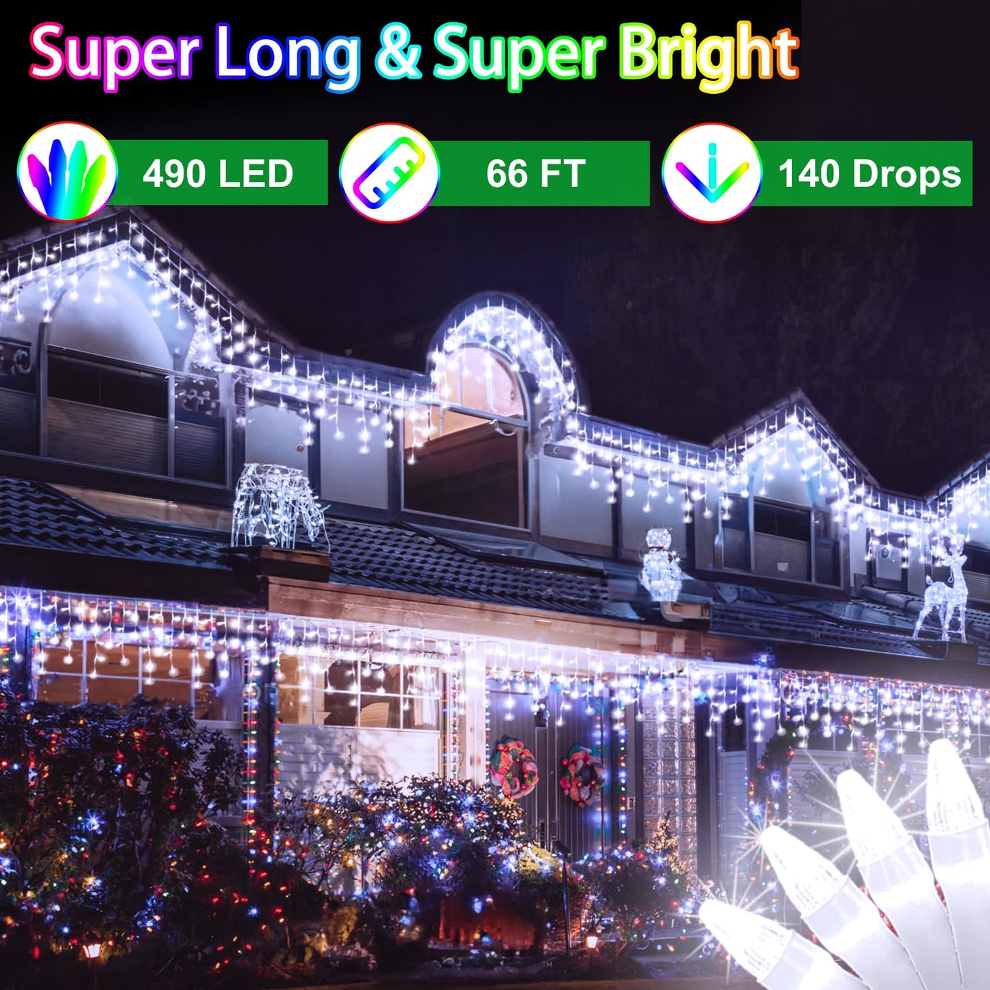 YHBJKCZ 66FT LED Christmas Lights with 140 Drops, Outdoor Hanging Lights 490 LED 8 Modes, Outsite Fairy String Lights for Wedding Party Holiday Cool White