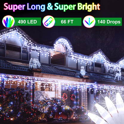 YHBJKCZ 66FT LED Christmas Lights with 140 Drops, Outdoor Hanging Lights 490 LED 8 Modes, Outsite Fairy String Lights for Wedding Party Holiday Cool White
