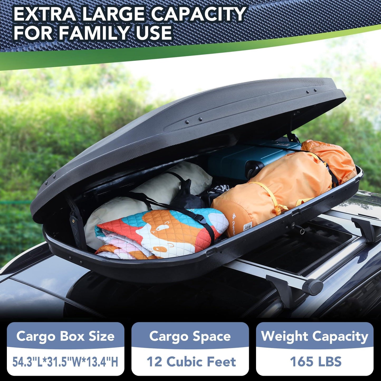 Rooftop Cargo Box Carrier for Car Storage, 12 Cubic Ft Car Top Mount Aero Hard Shell Dual-Side Opening, 165 LBS Weight Capacity Weatherproof Roof Mount Travel Luggage Storage, Secure Straps & Keys