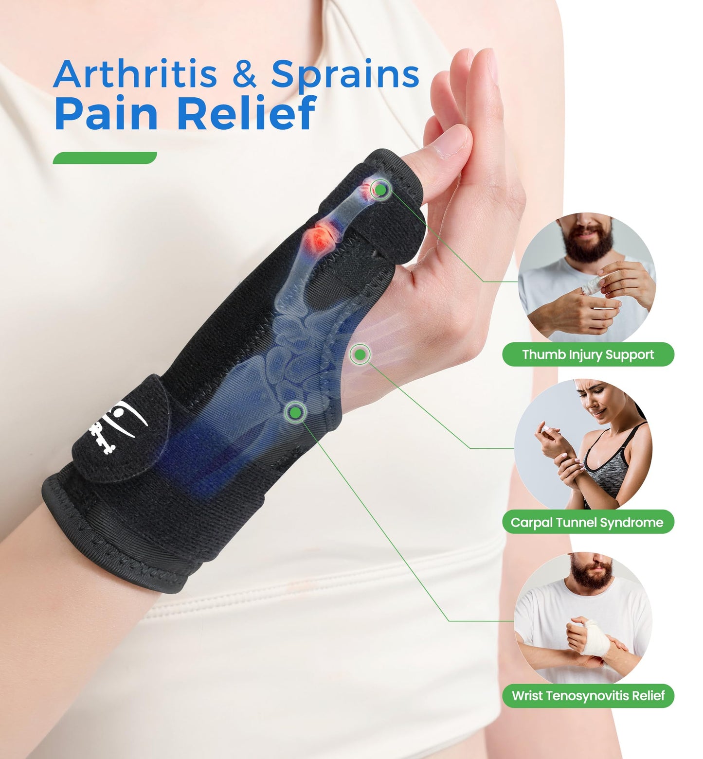 HiRui Thumb Spica Brace for Left or Right Hand, Adjustable Thumb Stabilizer Splint for Trigger Thumb, Gamer’s Thumb, Arthritis, Tendonitis, Sprains, CMC Pain Relief – Lightweight, Breathable (Black)