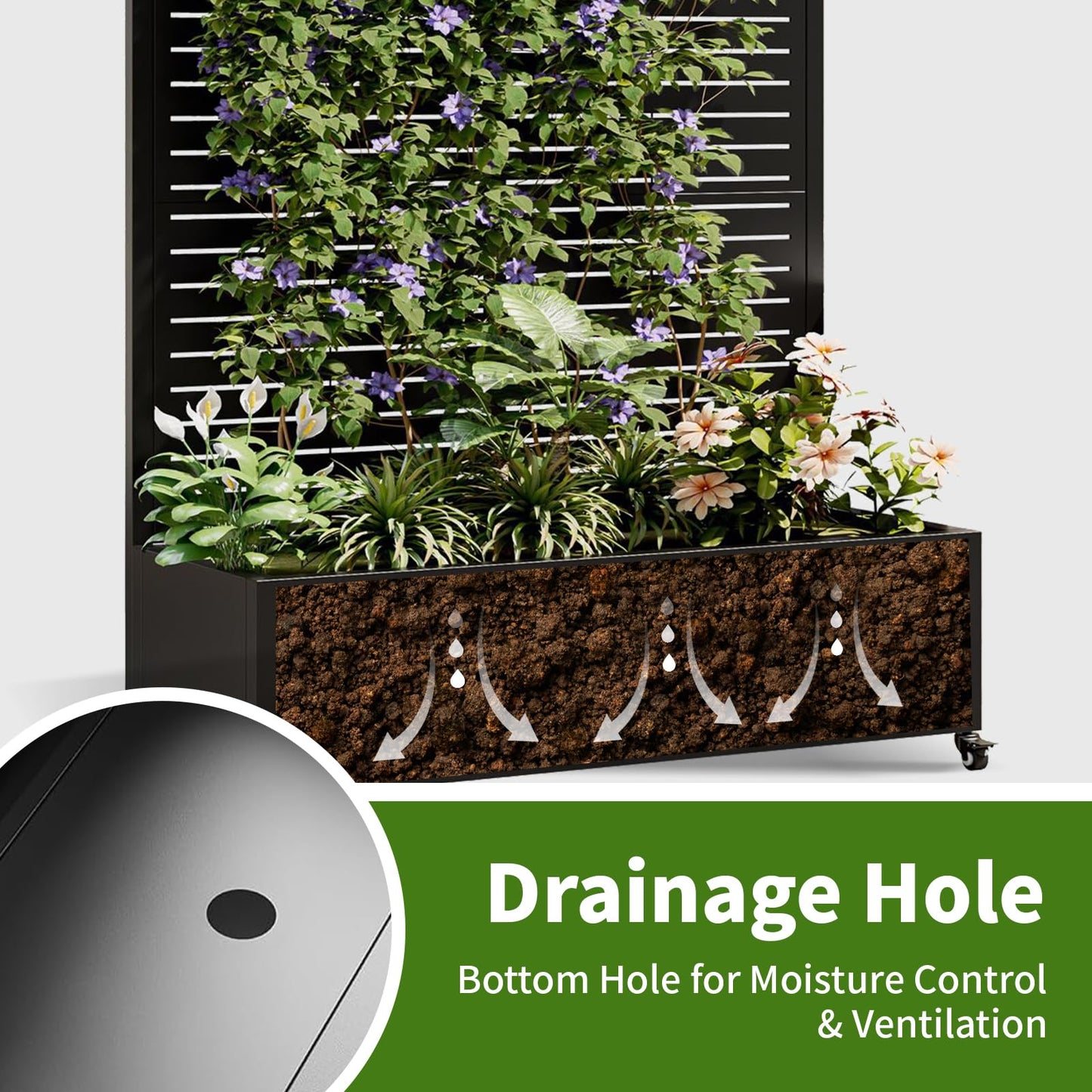 Metal Planter Box with Trellis and Wheels, 73"x47"x16" Galvanized Steel Raised Garden Bed with Drainage Holes, Outdoor Planter with Privacy Screen Function for Climbing Plants and Vines