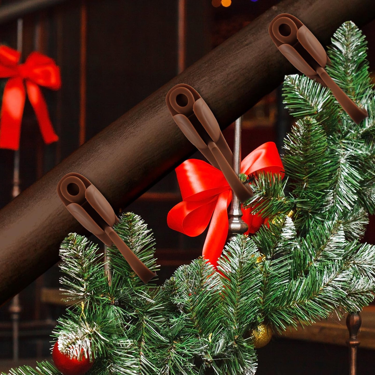 Relaxweex 24 Pcs Garland Hanger for Mantle No Drill Garland Hangers Hooks Wreath Ties Fireplace Stocking Holder Stretchable Silicone Adhesive Straps for Door Frame Stairways (Brown)