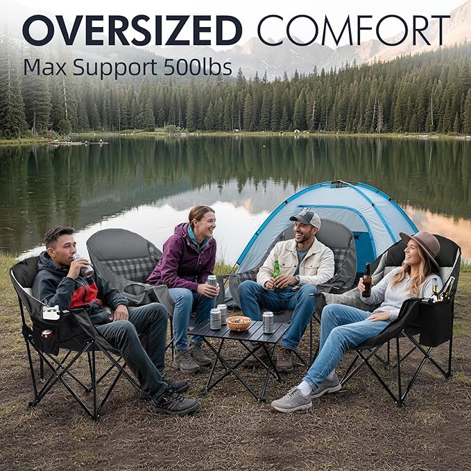 Oversized Camping Chair for Adults - Heavy Duty Outdoor Padded Large Lawn Camp Chair with Cup Holder Cooler Pockets for Sports Beach Fishing Garden Portable Supports 500lbs, Black/Grey 2 Pack