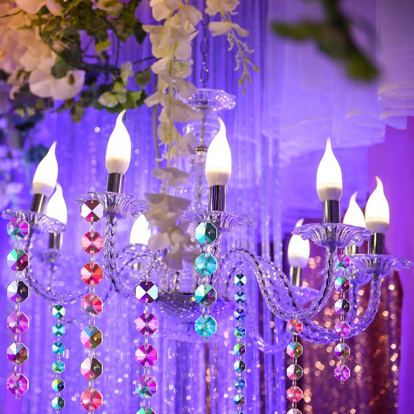 Blushtier Crystal Garlands Acrylic Octagon Bead Strands 14mm Iridescent Clear Diamond Hanging Chandelier Chain Ornament String for Wedding Manzanita Centerpiece Holiday Party(99 ft)