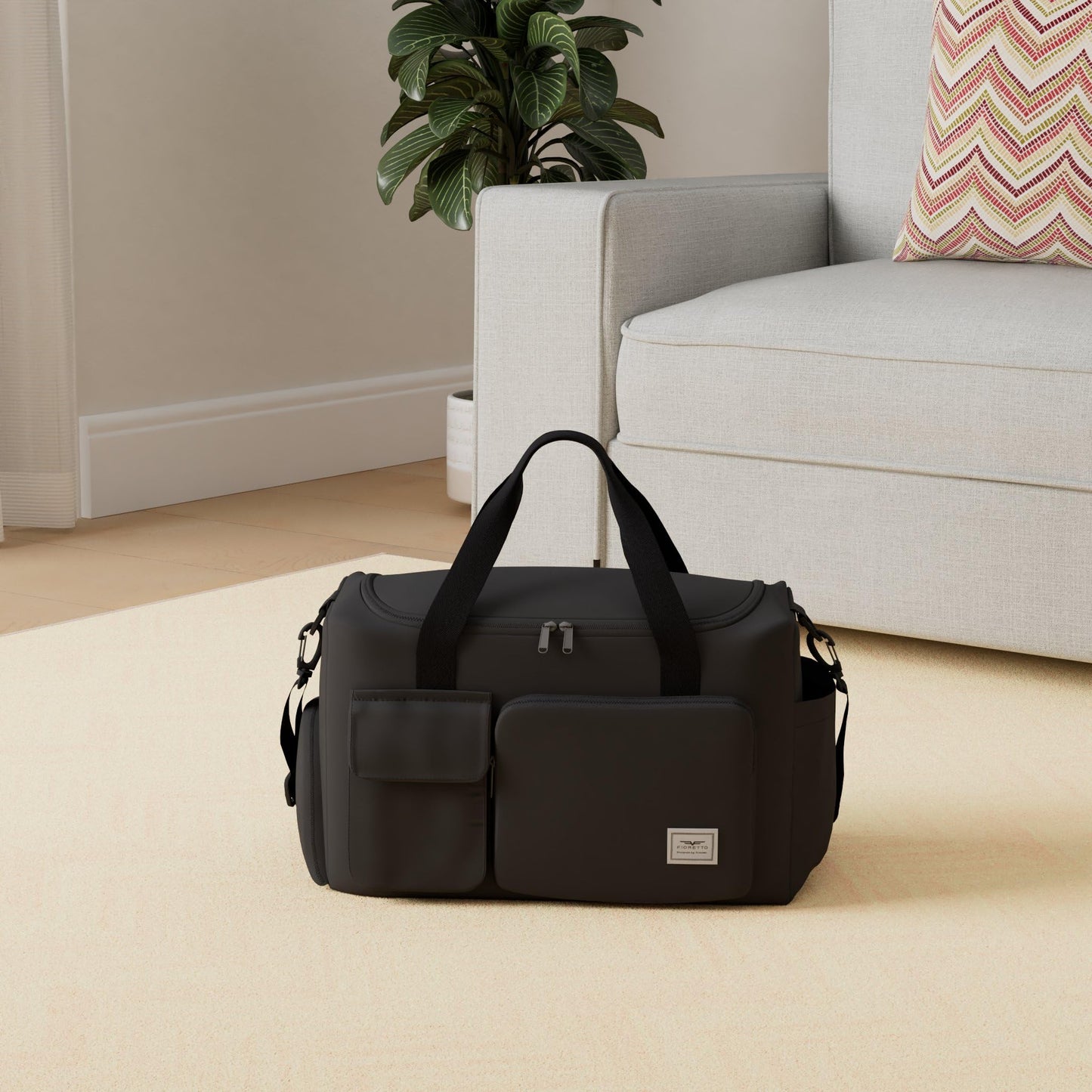 FIORETTO Womens Mens Sports Gym Bag Duffle Bag with Shoes Compartment, Weekend Travel Bag Overnight Bag for Women, Foldable Water Resistant Holdall Hospital for Swimming with Toiletry Bag Black