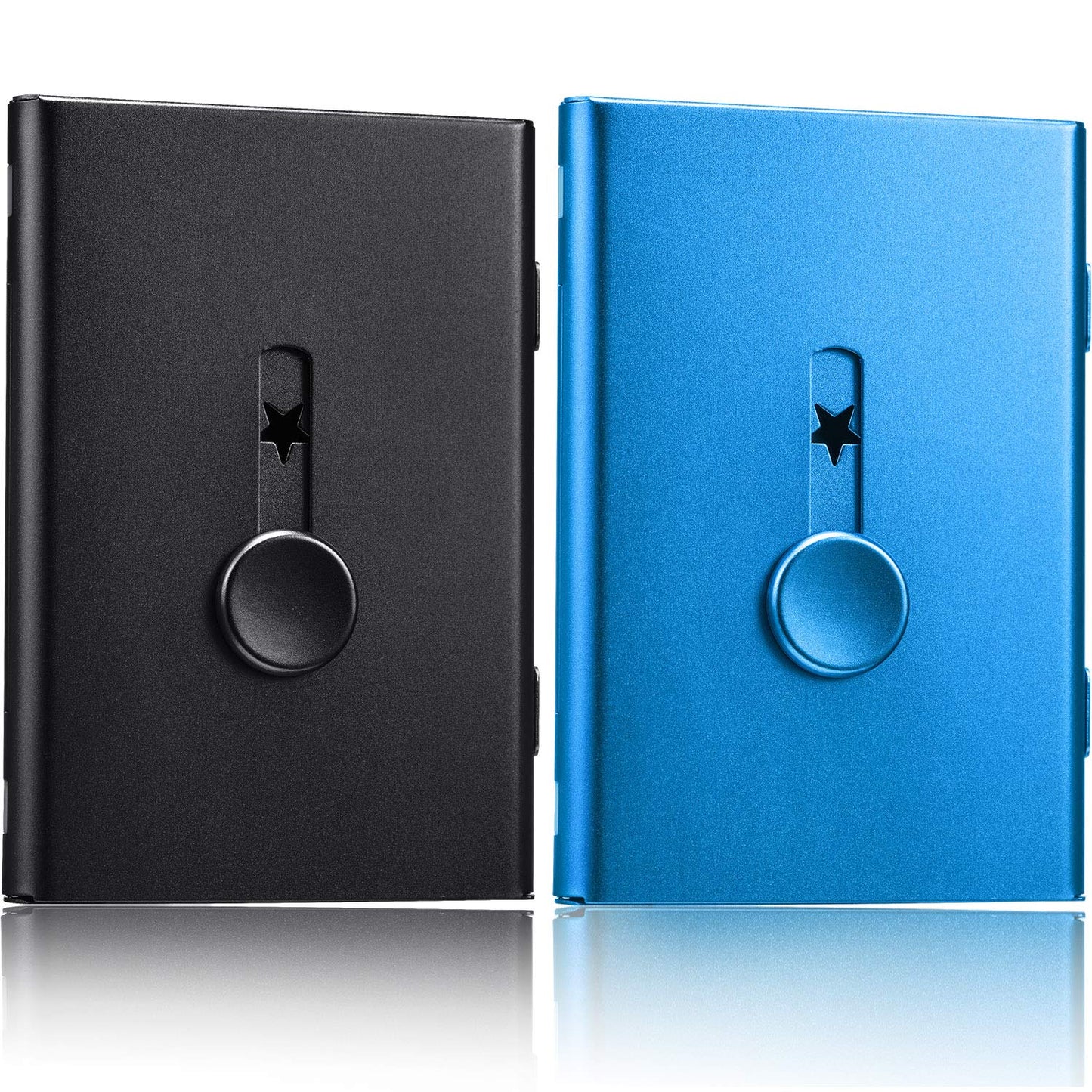 Tatuo 2 Pcs Black/blue 2 Pack Thumb Drive Business Card Holder Stainless Steel Business name Card Case Portable Slide Out name holder Wallet Nice Design pocket for Men and Women
