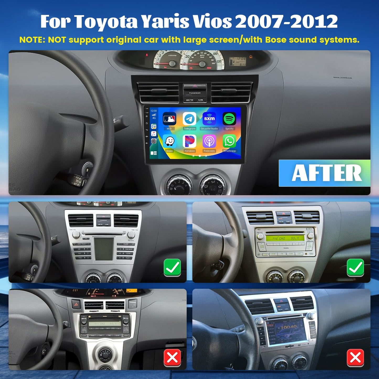 [8 Core 6G+128G] Android Radio for Toyota Yaris Vios 2007-2012 with Wireless Carplay Android Auto, 9 Inch IPS Touch Screen Car Stereo, Bluetooth 5.0, 32 EQ, GPS Navigation, 5GHz WiFi, 59UI, SWC