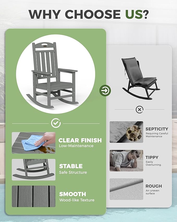 Oversized Outdoor Rocking Chairs Set of 2, High Back Porch Rocker Chair, HDPE Rocking Chairs for Patio, Living Room, Light Grey