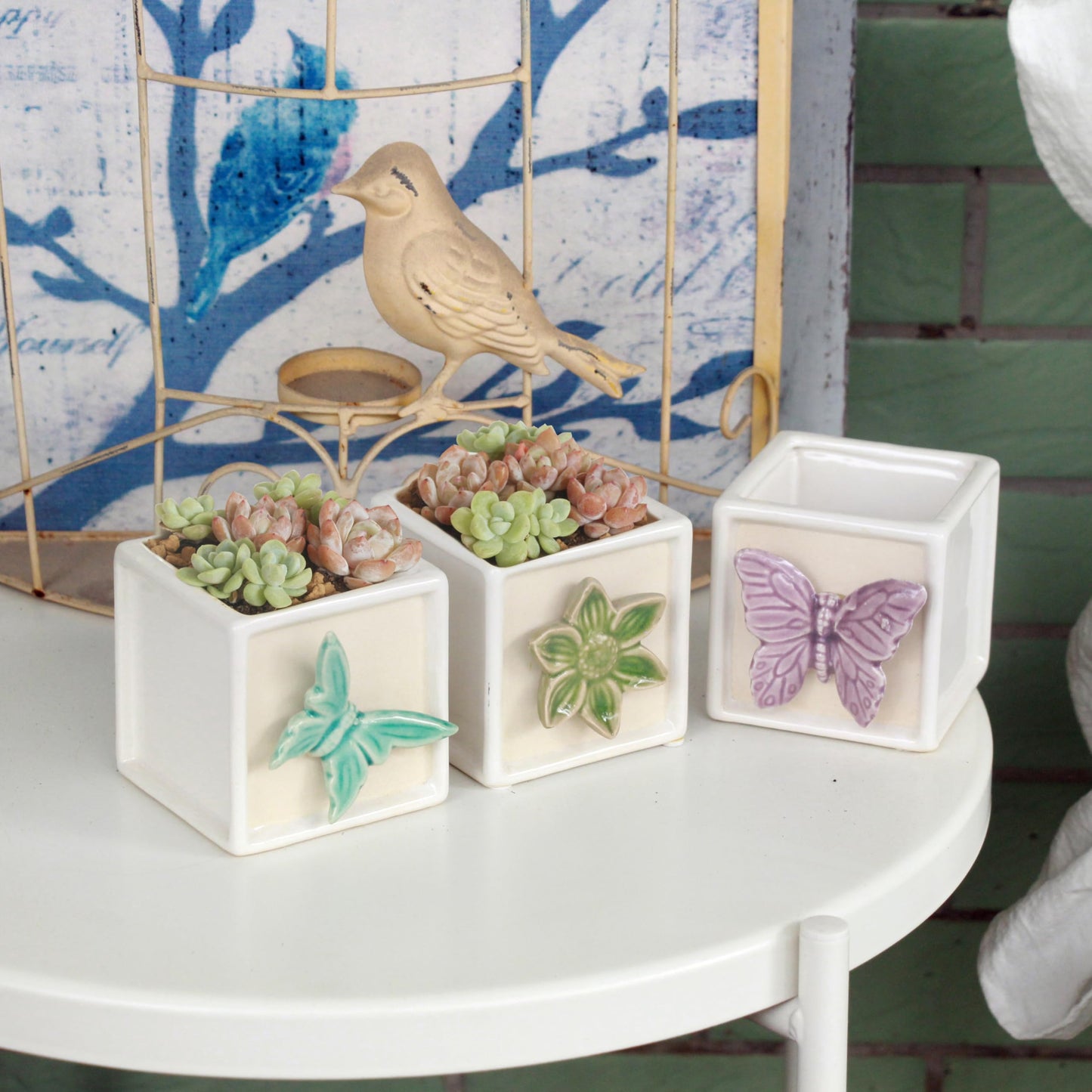 Gnliny 3.1 Inch Ceramic Succulent Pots with Bamboo Tray - 3Pcs Square Planters with Drainage Holes, 3D Butterfly & Flower Design for Indoor Plants, Desk Organizer for Home Office