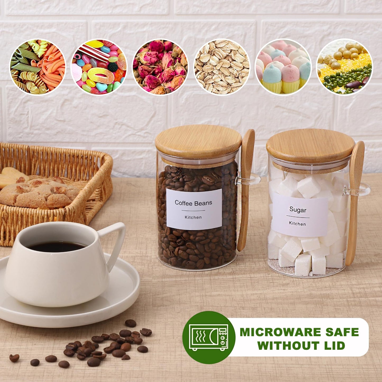 TIPGO Sugar Jar Bath Salt Container – 17 oz Glass Jar with Bamboo Lid and Spoon, Sugar Cube Holder and Canister for Countertop, Glass Containers for Coffee Beans, Tea and Overnight Oats (4 Pack)