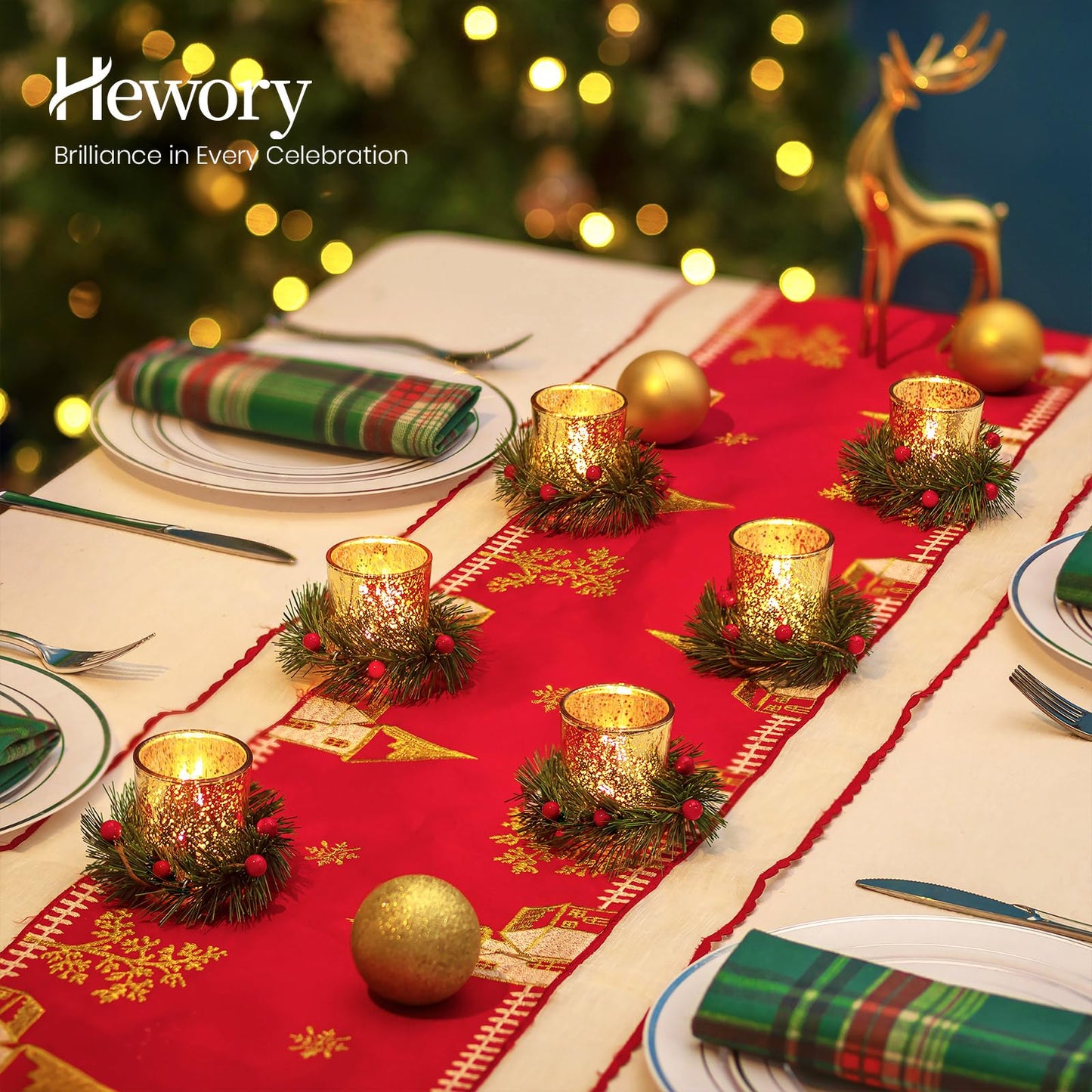 Hewory Christmas Tealight Candle Holder: Set of 6 Decorative Gold Tea Lights Candleholder with Xmas Wreath, Christmas Decoration Votive Candle Holders for Dinner Table Centerpieces Living Room Holiday