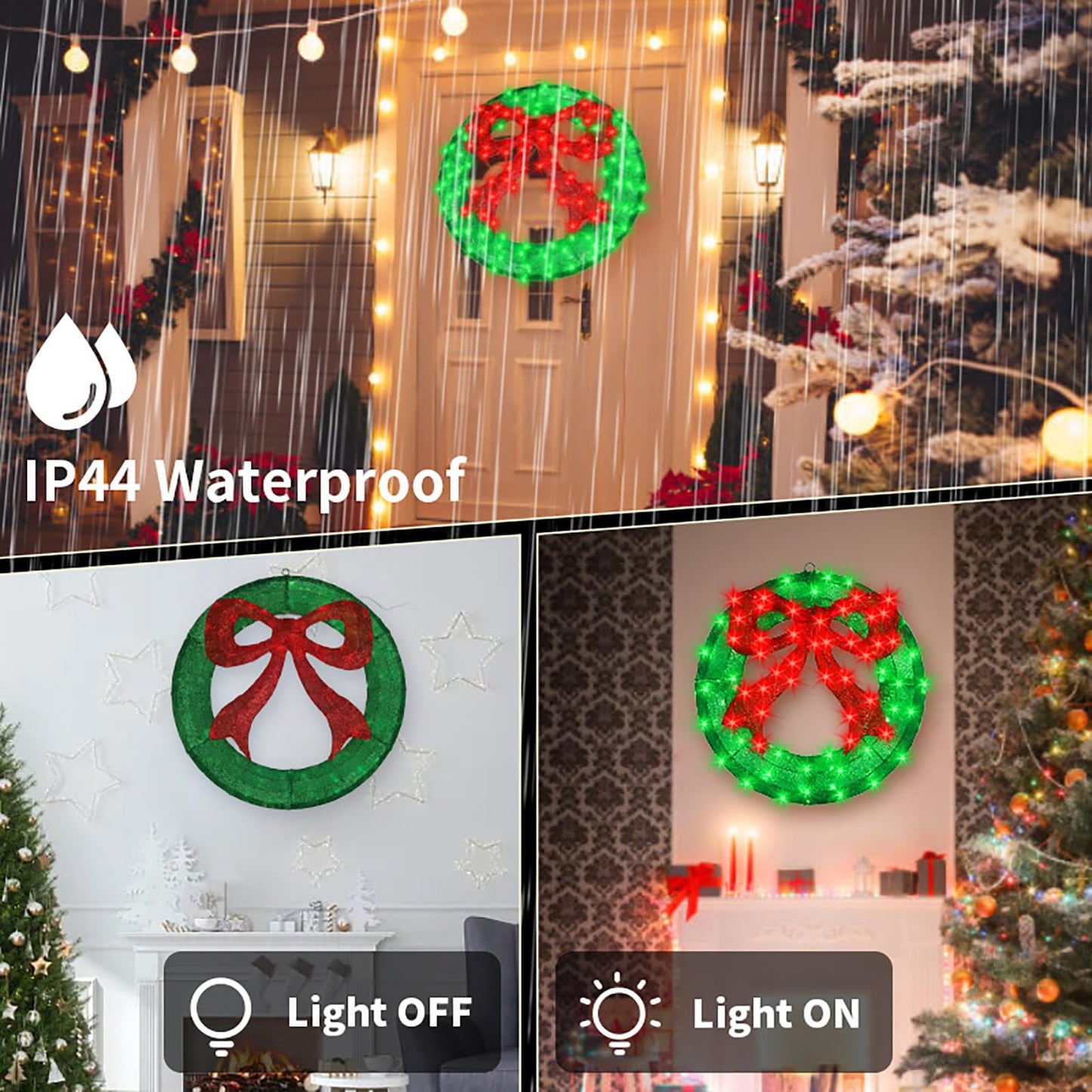 Outdoor Christmas Wreath Decoration - 36" Bright LED Christmas Wreath Lights with Bow, Large Lighted Christmas Wreaths Window Lights for Wall, Windows, Front Door Decor, Red Bow - Green Wreath