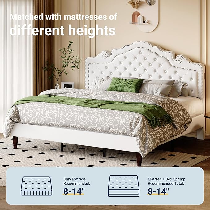 Allewie King Bed Frame with Adjustable Velvet Tiara Headboard, Upholstered