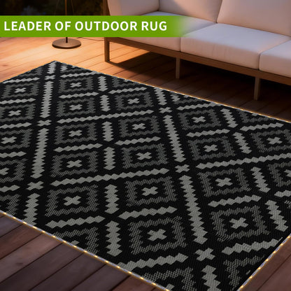 YONILE 9x12 ft Outdoor Rug Waterproof for Patio with LED Light,Large Outdoor Plastic Straw Rug,Reversible Plastic Area Rugs Mat Outside Carpet for RV, Deck, Porch, Picnic, Beach, Balcony