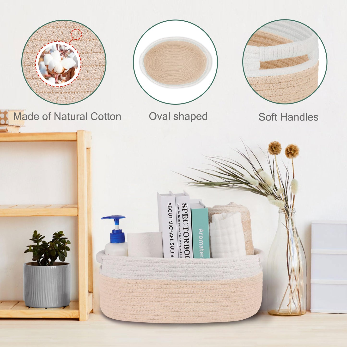 BOSROTY Small Woven Basket with Gift Bags and Ribbons, Empty Baby Gift Baskets for Kids Women Men, Shelf Storage, Small Cat Dog Pet Toy Boxes, 13”x 9”x 5.5”, Beige