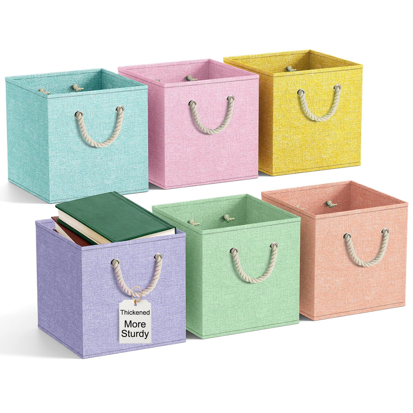 Geelin 6 Pcs Fabric Linen Thickened Storage Cube with Handle 11 Inch Heavy Duty Multi-color Collapsible Sturdy Durable Storage Bin Organizer Box Clothes Shelf Christmas Holiday Festival(Macaron)