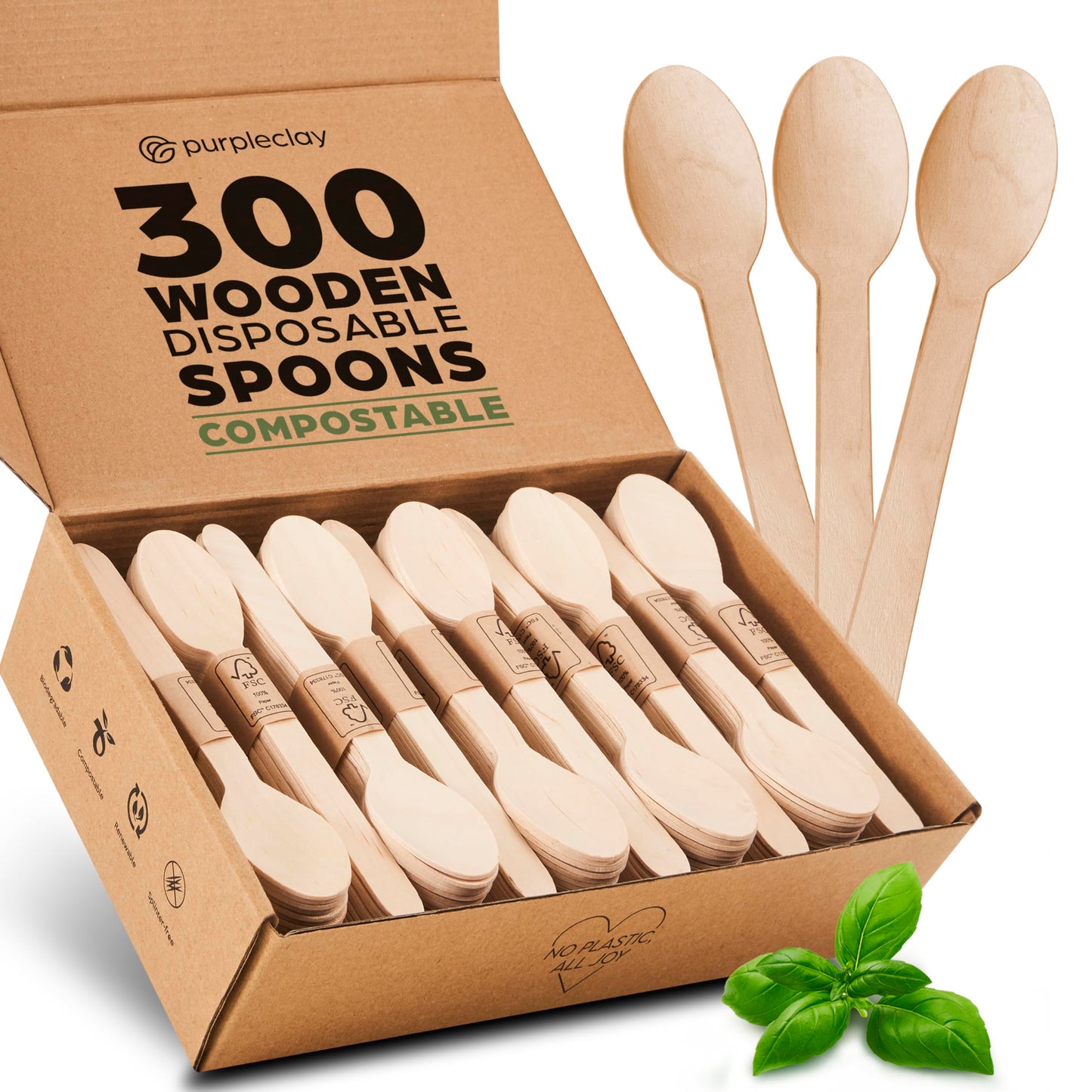 PURPLECLAY Disposable Wooden Spoons for Eating – 300 Pack Wooden Disposable Spoon, FSC Certified Wood Small Compostable Spoons, Biodegradable Wood Cutlery, Plastic-Free Utensils for Parties in Bulk