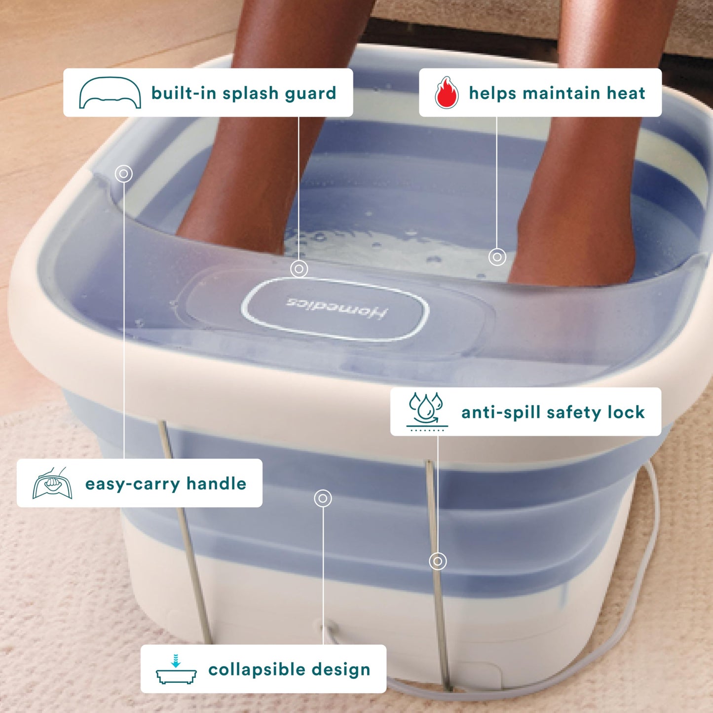 Homedics Collapsible Foot Spa with Heat, Bubbles & Vibration Massage, Foot Bath Safe for Bath Salts, Portable Pedicure Spa, Deep Soak Basin, Adjustable Temperature, Easy Storage