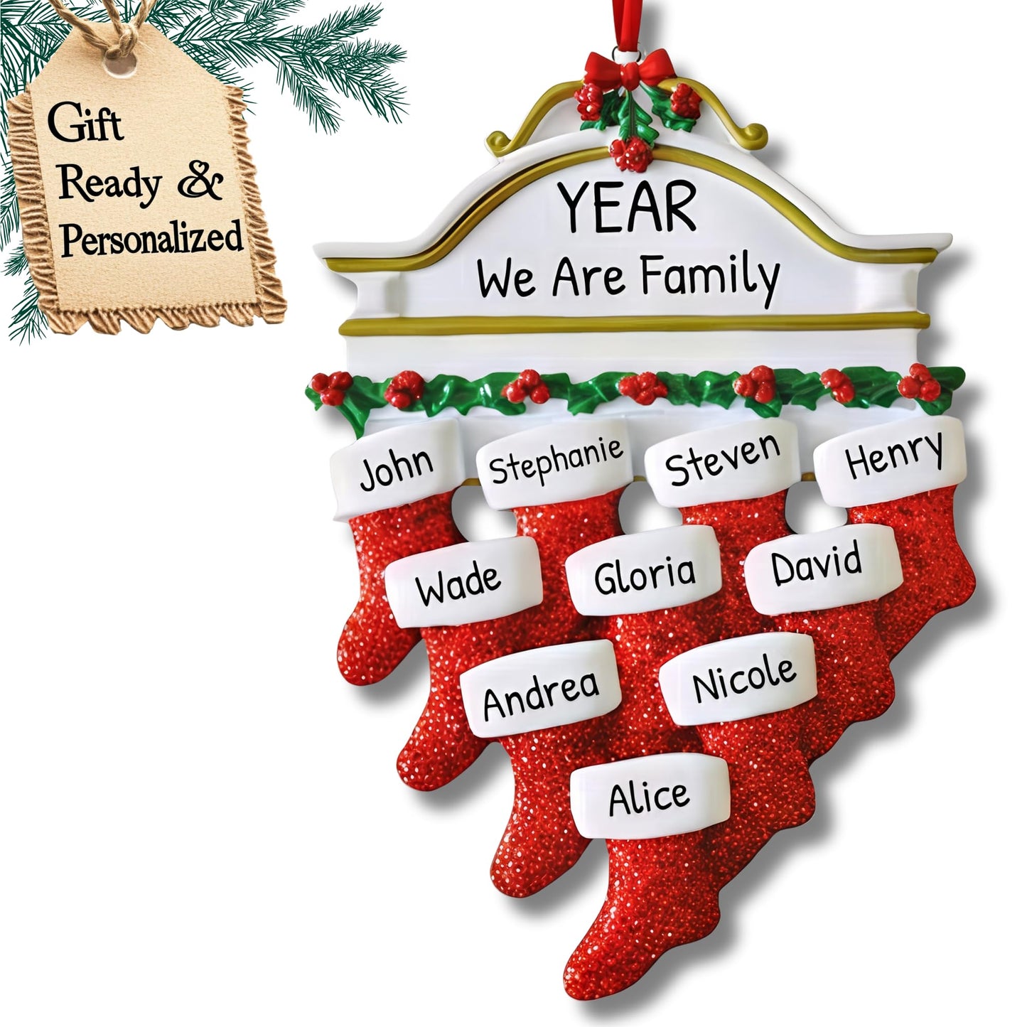 3D Fireplace Mantle Family of 10 Christmas Ornament 2025 Personalized Family Christmas Ornaments 2025 | Holiday Garland Personalized Tree Ornaments Customizable Gifts of Red Stockings of Ten Ornament
