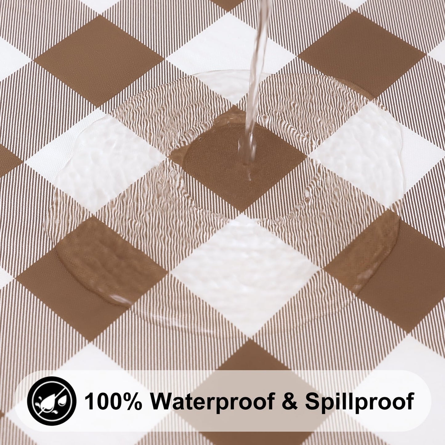 Smiry Round Picnic Tablecloth, Elastic Waterproof Fitted Vinyl Tablecloths for 45"-56" Tables, Flannel Backed Buffalo Plaid Table Cover for Dining, Camping, Outdoor, White and Brown