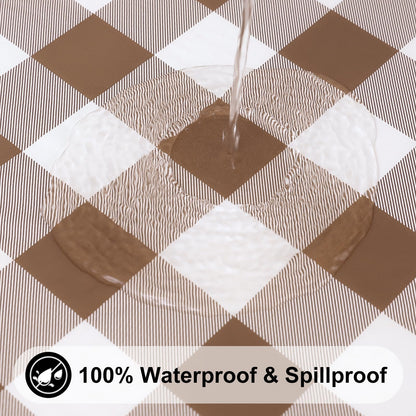 Smiry Round Picnic Tablecloth, Elastic Waterproof Fitted Vinyl Tablecloths for 45"-56" Tables, Flannel Backed Buffalo Plaid Table Cover for Dining, Camping, Outdoor, White and Brown