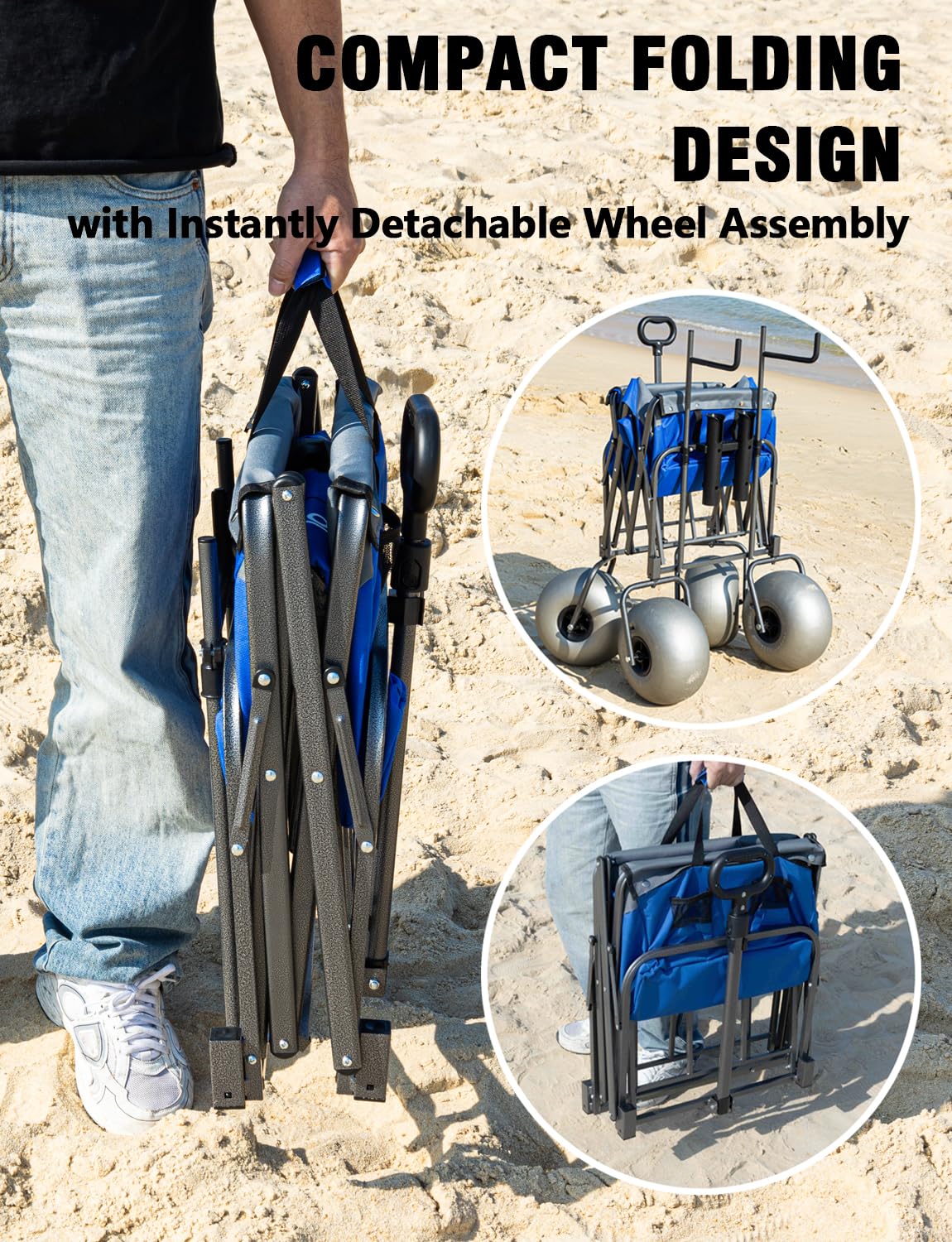 13" Balloon Bubble Wheel Beach Cart Collapsible Wagon with Big Fat All Terrain Inflatable Air Tire, Large Outdoor Wagon & Fishing Cart with Balloon Tire, Dolly with Big Wheels for Sand Camping (Blue)