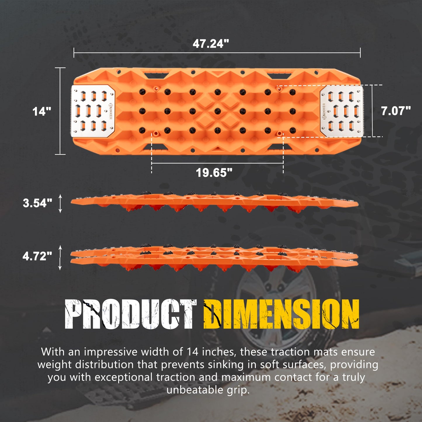 BUNKER INDUST Offroad Traction Board with Jack Base,Pair 47.24"L x 14"W Recovery Track Tire Traction Mat -Orange Sand,Mud,Snow Ramps (Replaceable Dual Colors Teeth/Rugged Steel Plate) Gen 11th