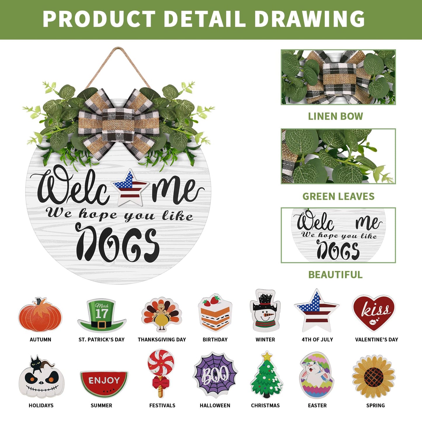 Interchangeable Wooden Seasonal Welcome Wreath, Rustic Round Dogs Front Door Wreaths for Home/Wall/Porch/Farmhouse Decor, for Easter Spring Summer Fall Halloween Christmas All Season Decorations