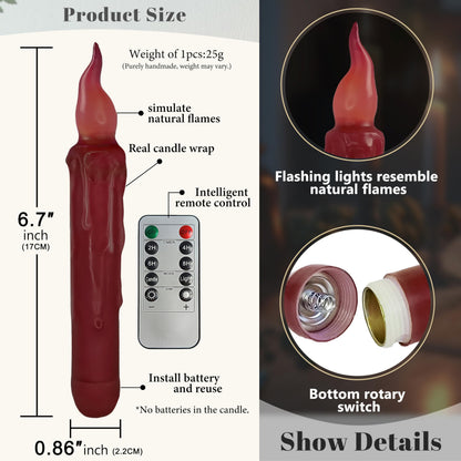 Burgundy Flameless Short Taper Candles, Real Wax Hand Dipped Dark Red LED Battery Operated with Remote, Flickering Flame Lights for Festival Home Décor, 6.7 Inch Primitive Flameless Candles, 4PCS