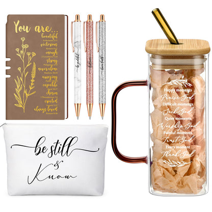 Skylety 6 Pcs Christian Gifts Set for Women Prayer Journal with Pens Makeup Bag Glass Cup Bible Study Supplies for Church Office Teacher Mother's Day Birthday Graduation Religious Gifts(Brown)