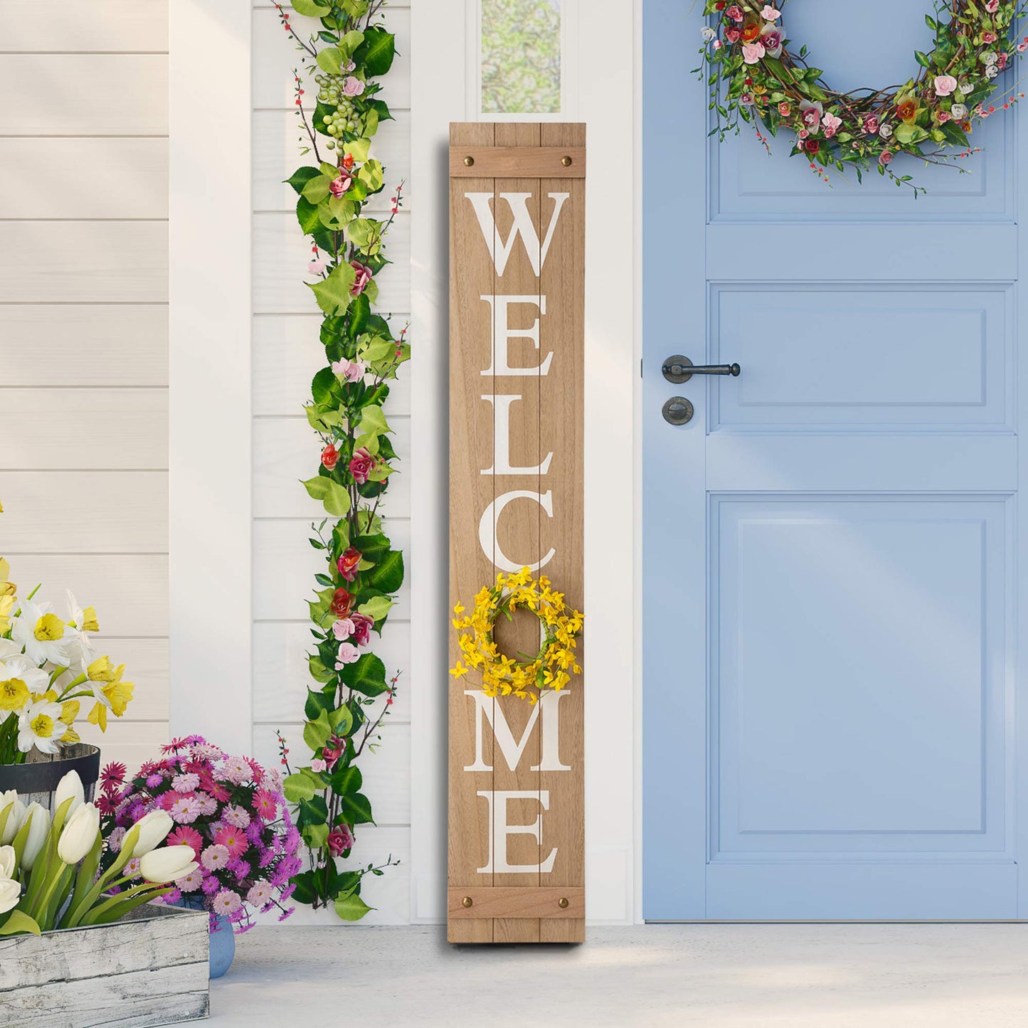 Glitzhome 60”H Welcome Sign with 4 Interchangeable Floral Wreaths for Front Door Porch Farmhouse Wooden Hanging Wall Sign for Seasons Spring Fall Harvest Thanksgiving Christmas